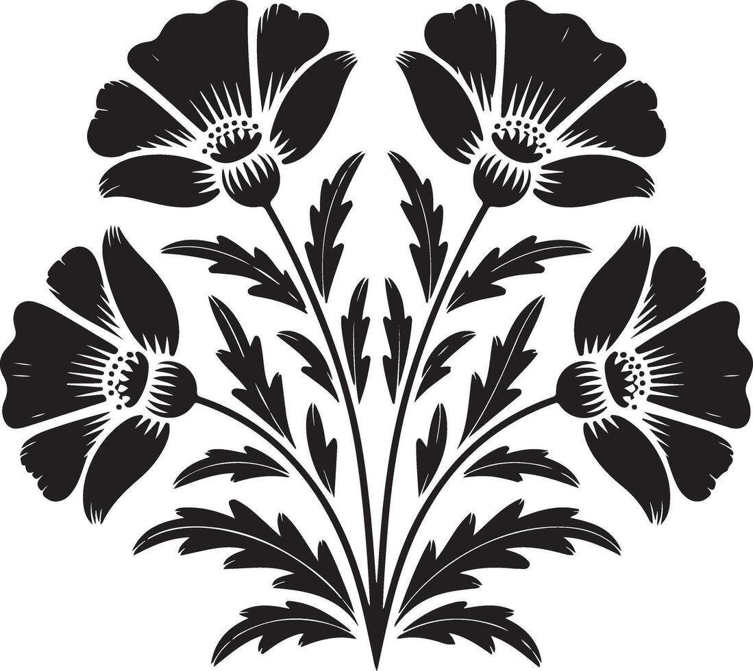 Elegant black silhouette of a floral arrangement with five poppies and leaves vector