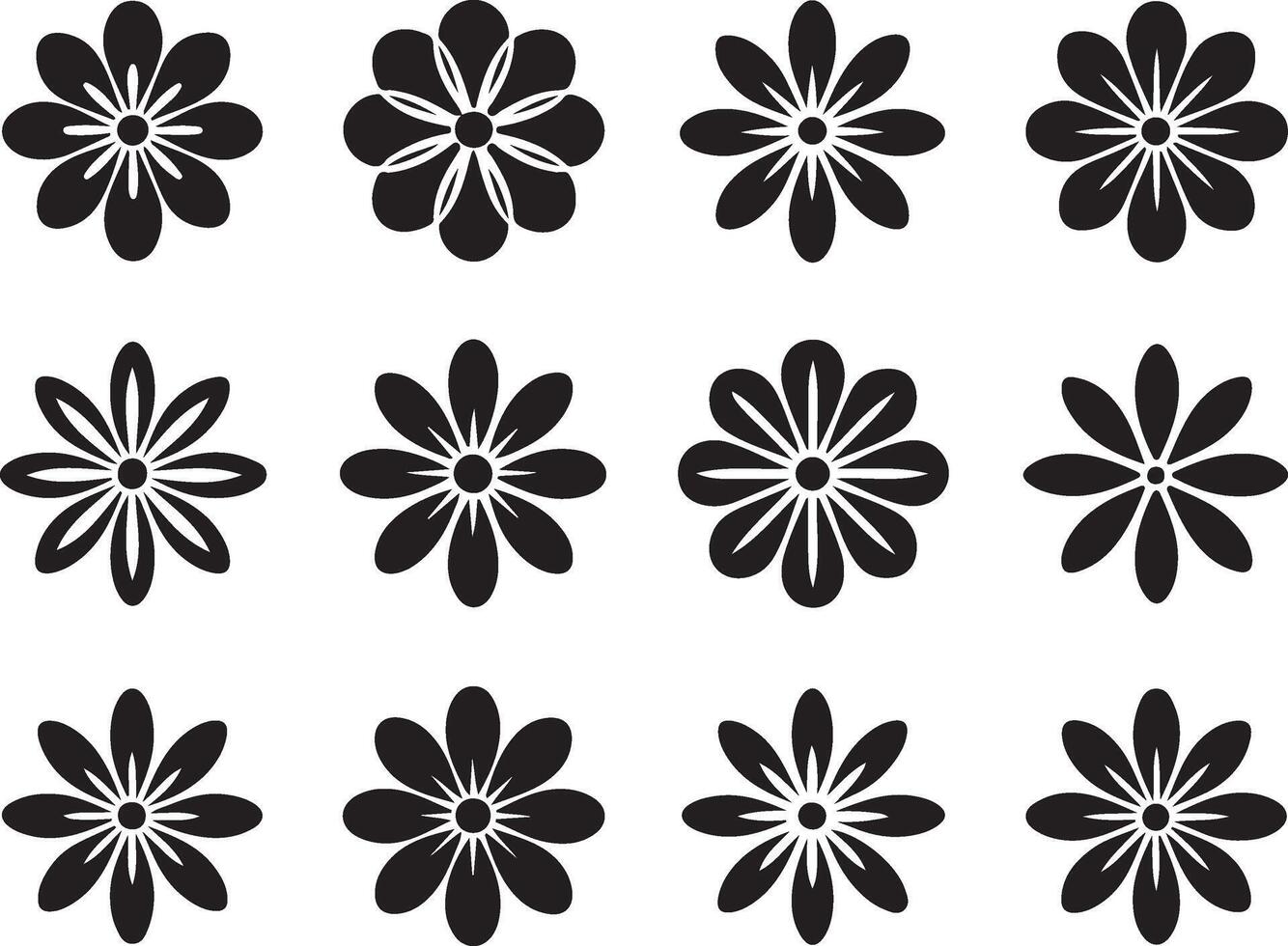 Collection of twelve stylized black daisy flower icons on a white background vector