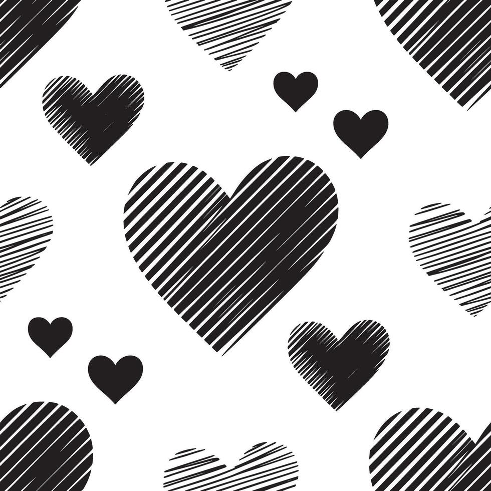 Seamless pattern of black hearts with various hatching styles on a white background vector