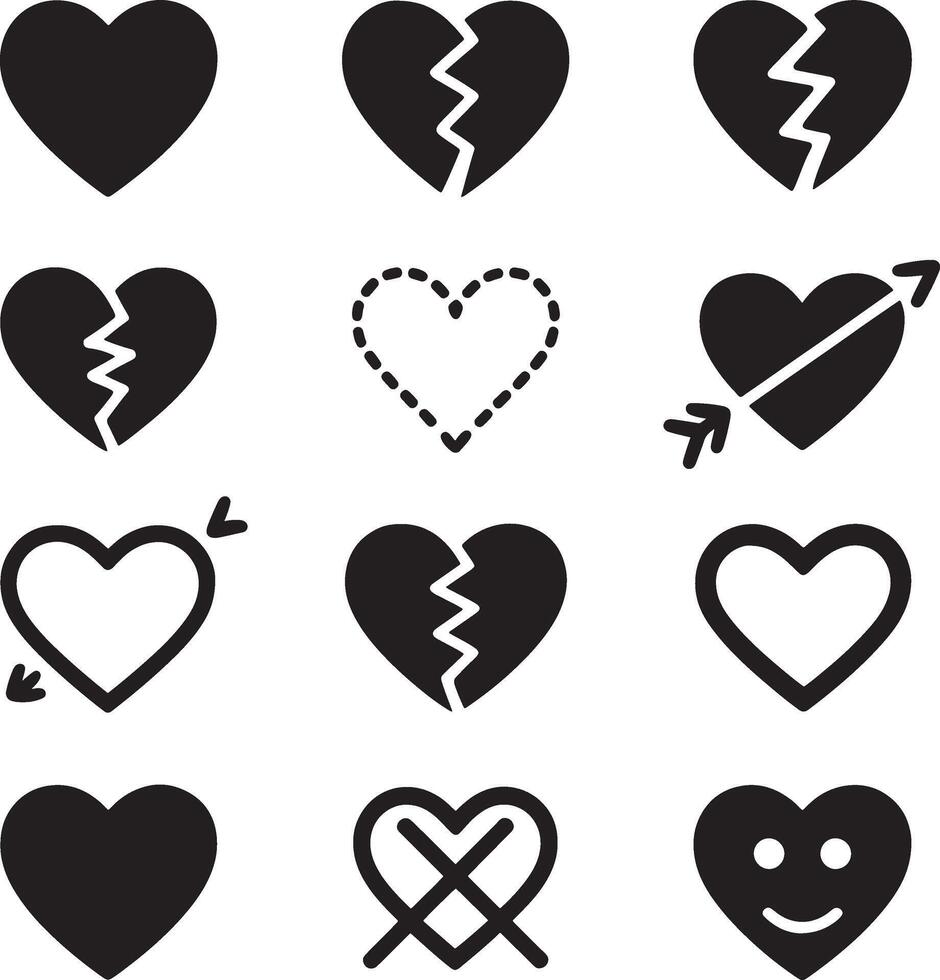 Collection of black heart icons representing love emotions and relationships vector