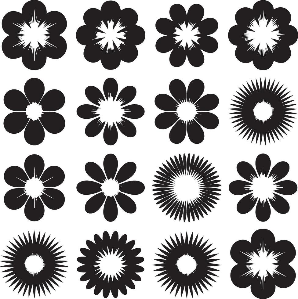 Collection of sixteen unique black abstract flower shapes on a white background vector
