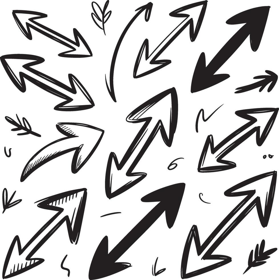 Collection of diverse hand drawn black arrows and decorative elements on white background vector