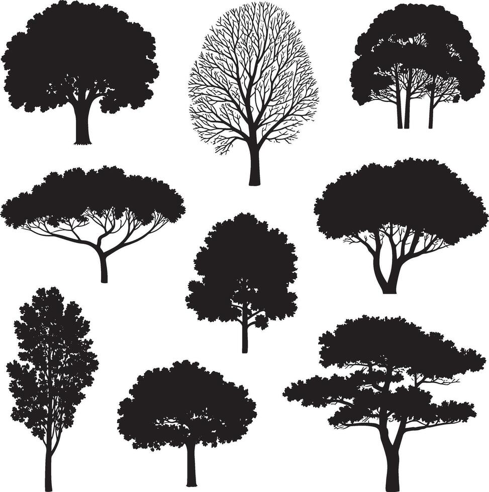 Collection of diverse tree silhouettes in black and white on a white background vector