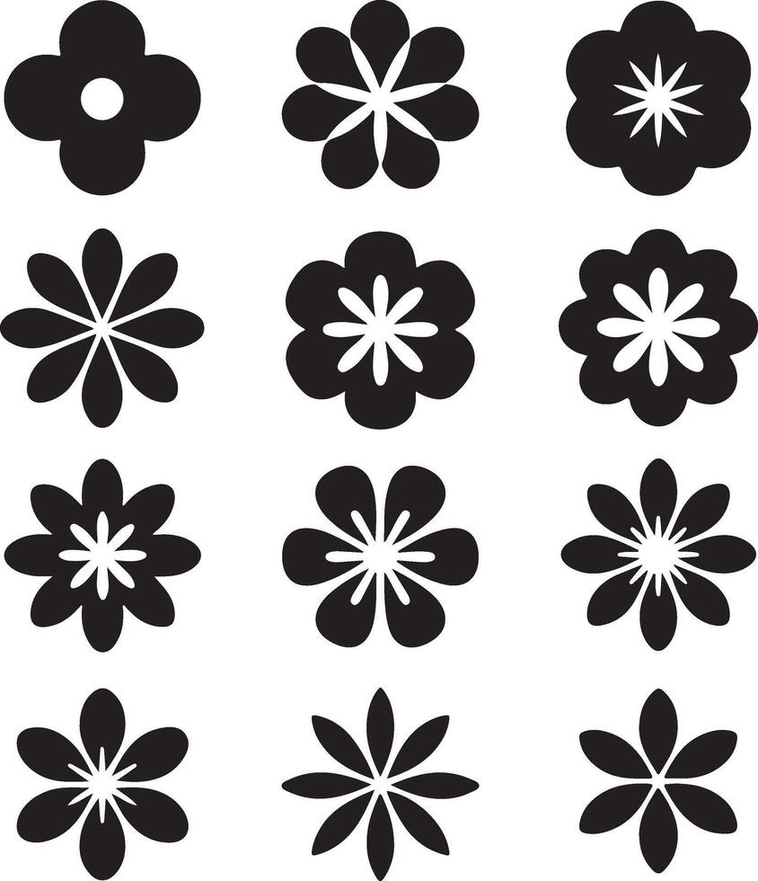 Collection of twelve simple black flower icons on a white background vector