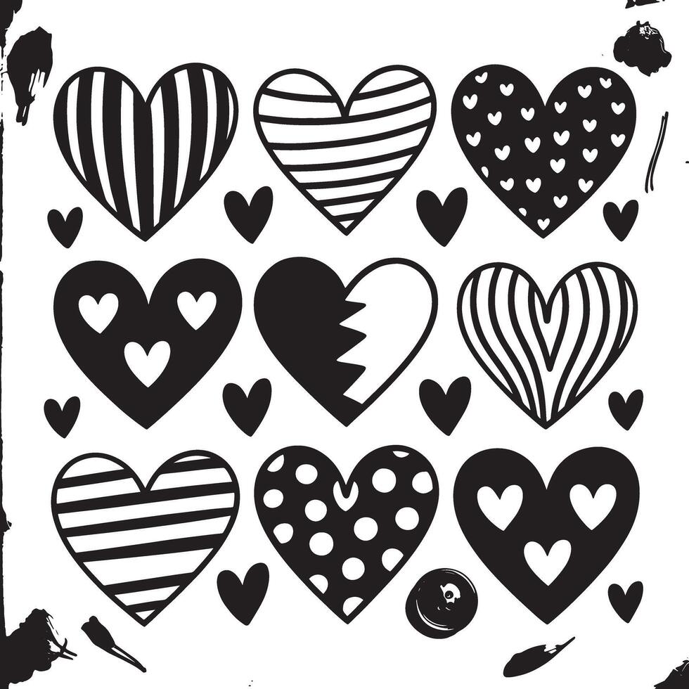 Collection of nine black and white hearts with various patterns and textures vector