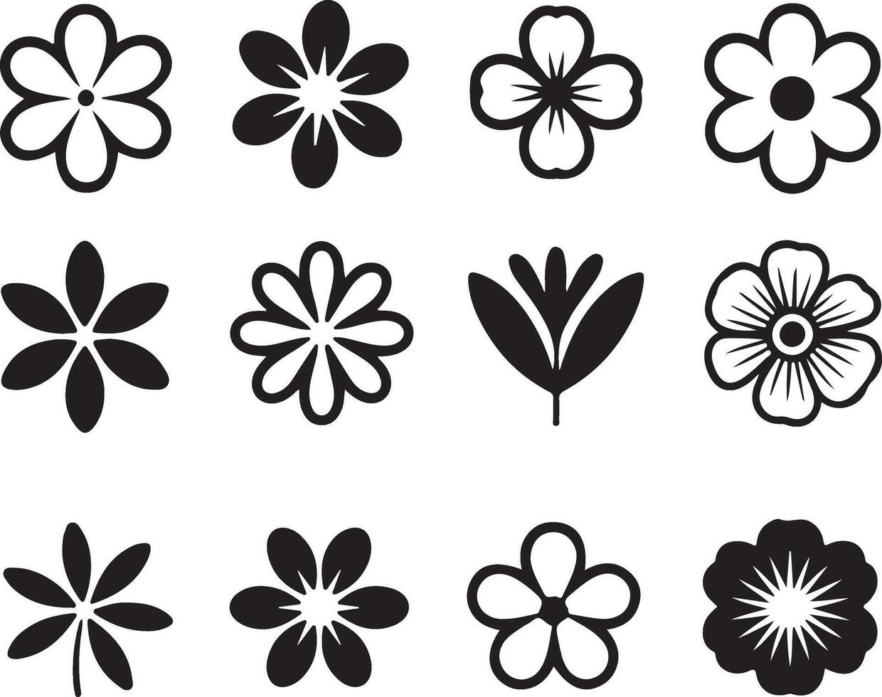Collection of twelve simple black and white floral icons on a white background vector