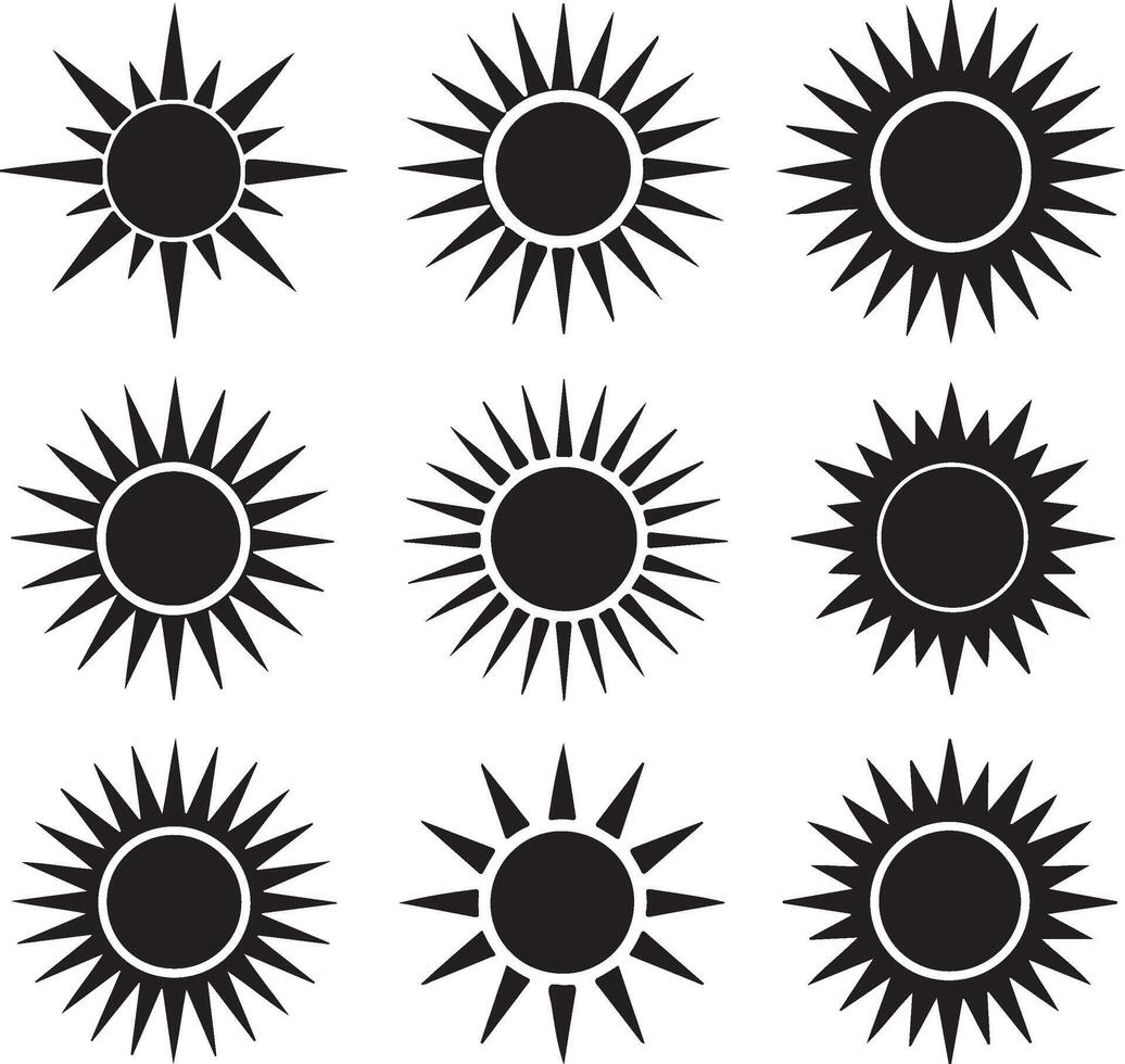 Collection of nine stylized black sun icons on a white background vector