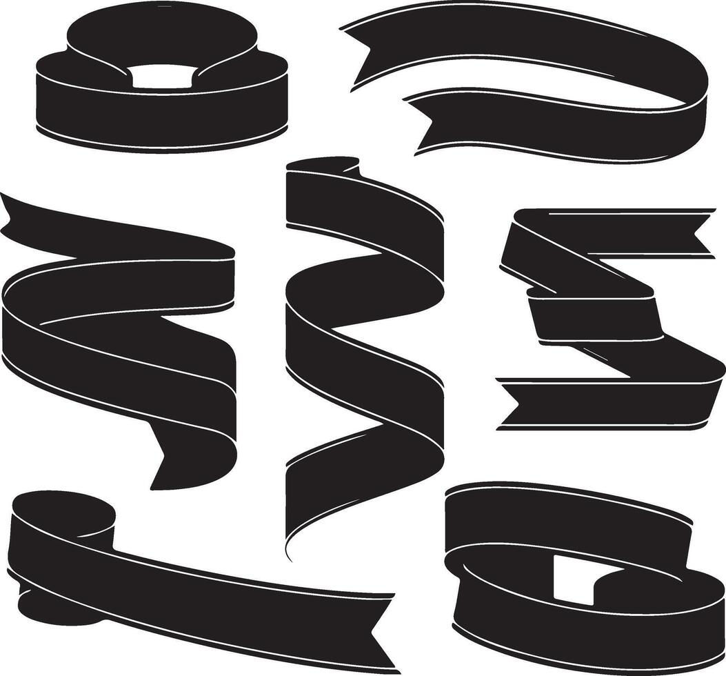Collection of black ribbon silhouettes in various dynamic shapes vector