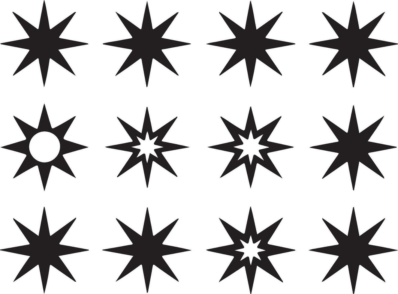 Collection of diverse black starburst and star shapes on white background vector