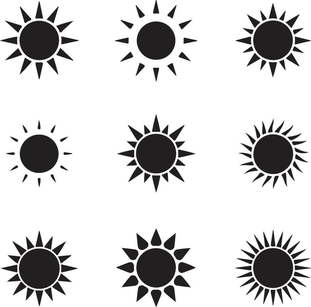 Minimal Black Sun Icon with Sharp Rays Illustration vector
