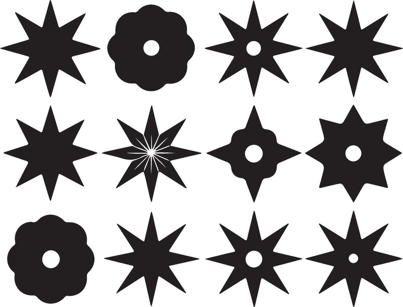 Collection of diverse black star and floral silhouettes on white background vector