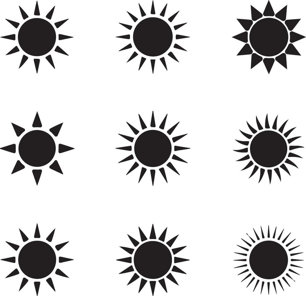 nine black sun icons with varying ray designs vector