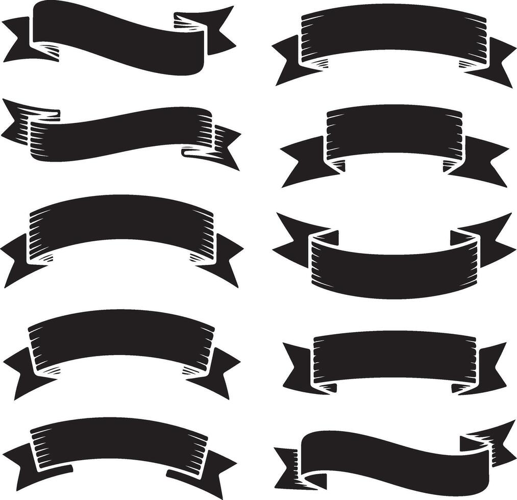 Collection of ten black ribbon banners with varied styles and cuts vector