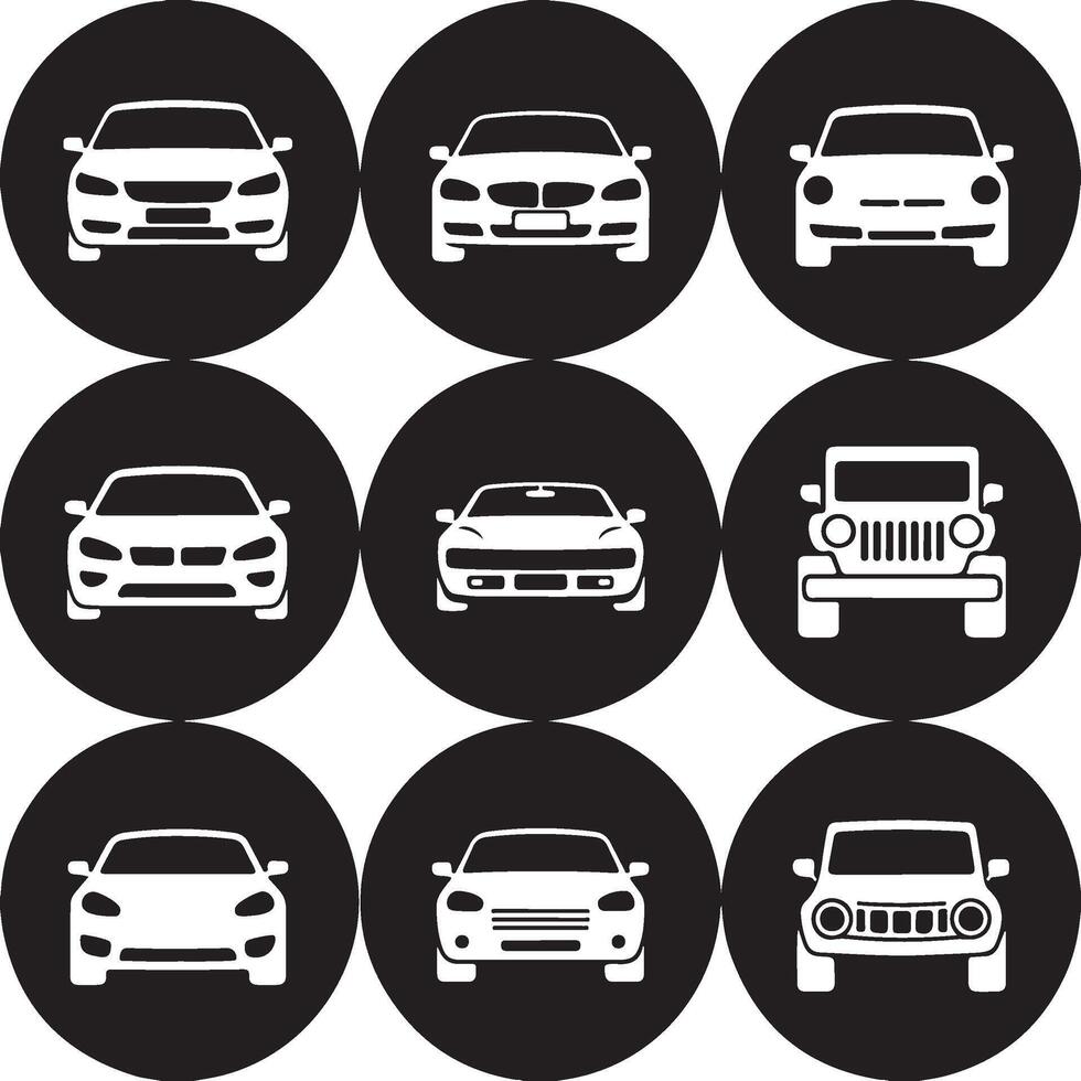 Collection of white car silhouettes on black circular backgrounds vector
