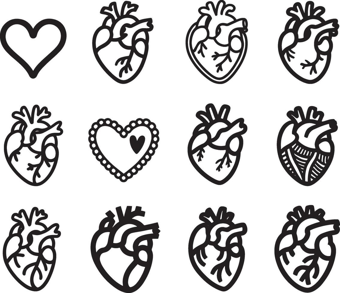 Collection of stylized anatomical heart illustrations with a simple outline and varied designs vector