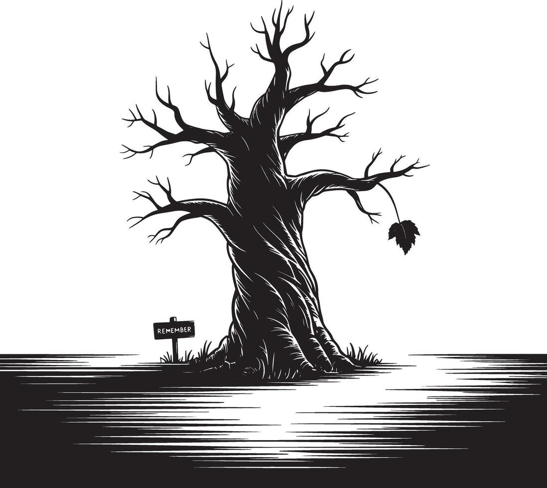 Silhouette of a bare gnarled tree with a single leaf and a remember sign vector