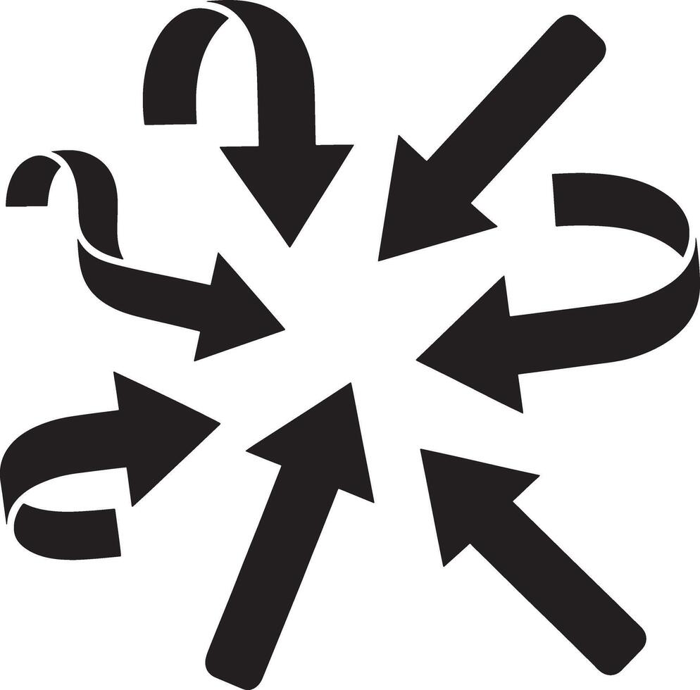 Multiple black arrows converging towards a central point on a white background vector