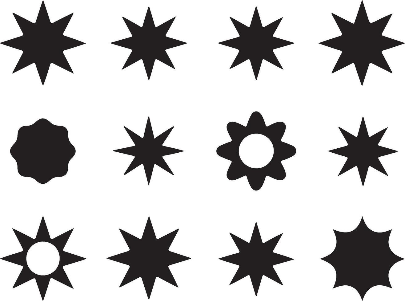 Collection of diverse black star shapes and sunburst icons on white background vector