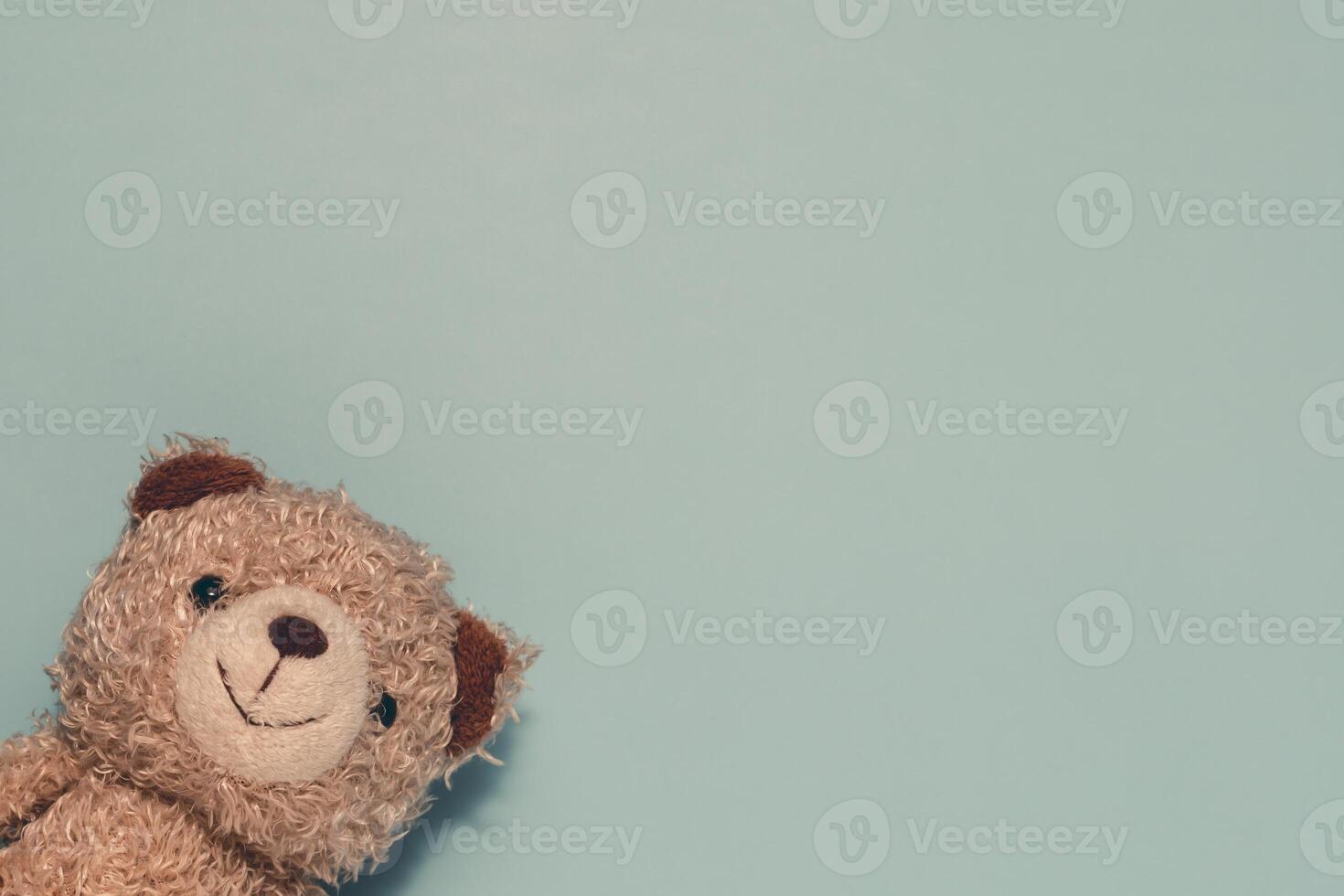 Sweet, fluffy brown teddy bear head smiles from the bottom left on a soft pastel blue. Ideal for childhood, comfort, innocence, or playful designs. photo