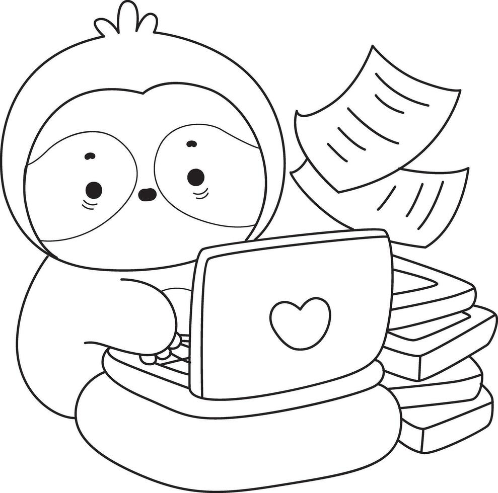 Outline of sloth typing in the notepad and have a deadline. vector