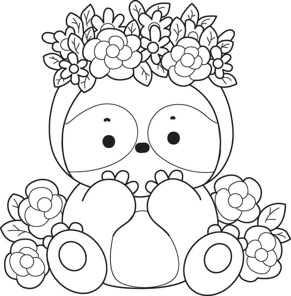 Outline of sloth in the middle of flower garden. Coloring pages of cute sloth. vector