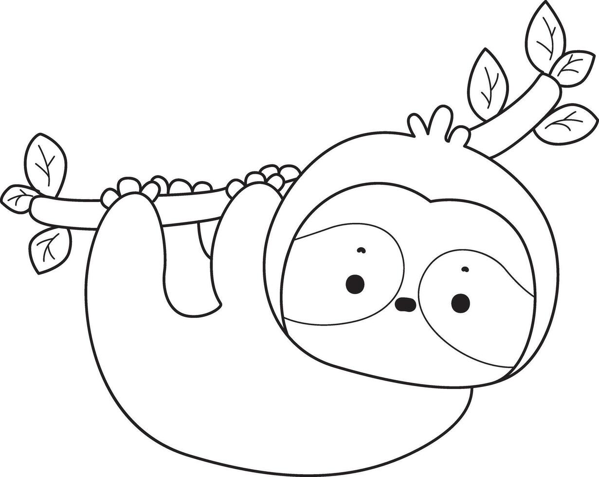 Outline of sloth hanging around in the branch. Coloring pages of cute sloth. vector