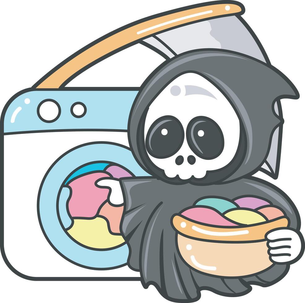 Skull washing a clothes with washing machine. Angel of death cute elements. vector