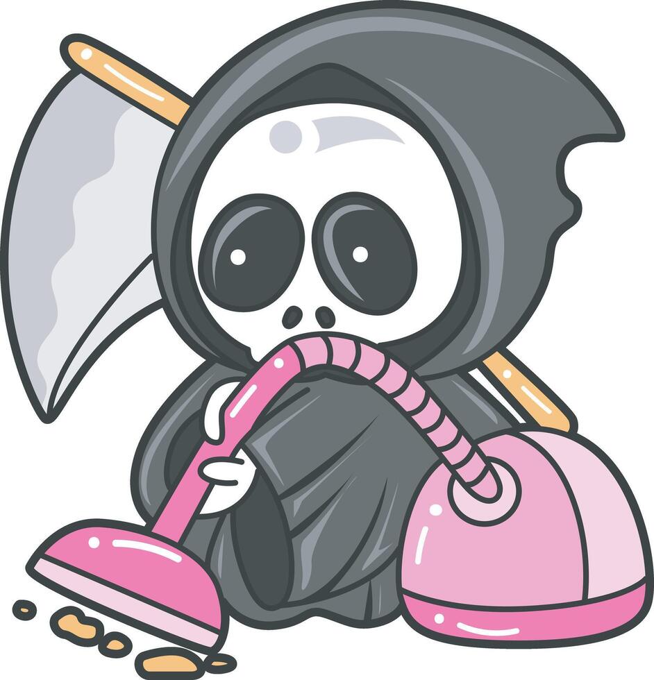 Skull cleaning the floor with feather duster. Angel of death cute elements. vector
