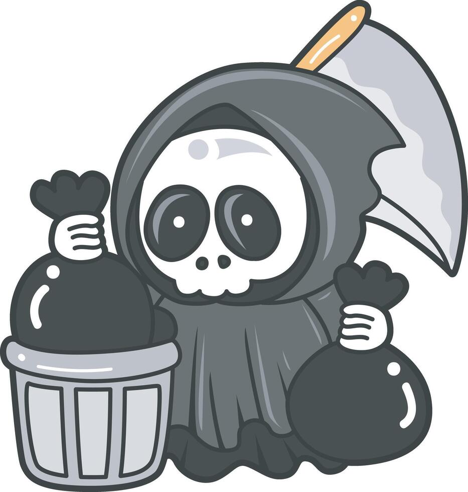 Skull throw the garbage into its place.Angel of death cute elements. vector