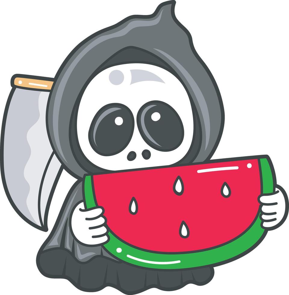 Skull bring a watermelon. Angel of death cute elements. vector