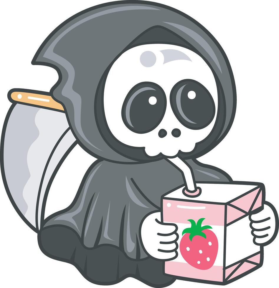 Skull drinking a strawberry milk. Angel of death cute elements. vector