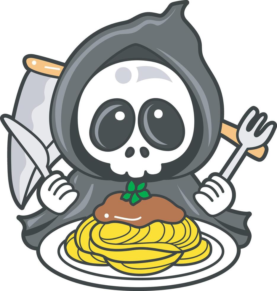 Skull want to eating spaghetti. Angel of death cute elements. vector