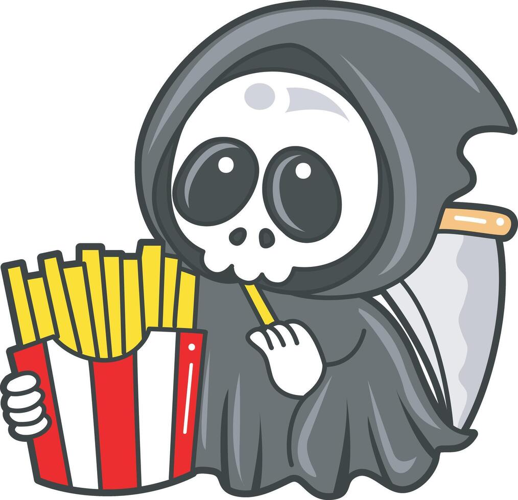 Skull bring a french fries. Angel of death cute elements. vector
