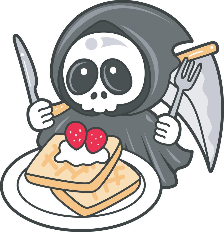 Skull bring a strawberry bread. Angel of death cute elements. vector