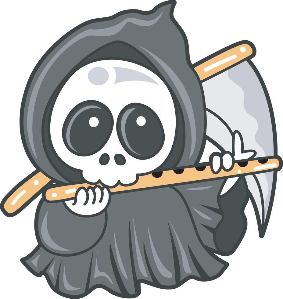 Skull playing a flute. Angel of death cute elements. vector