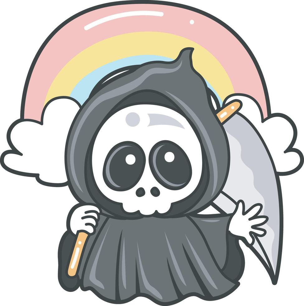 Skull in front of the rainbow. Angel of death cute elements. vector