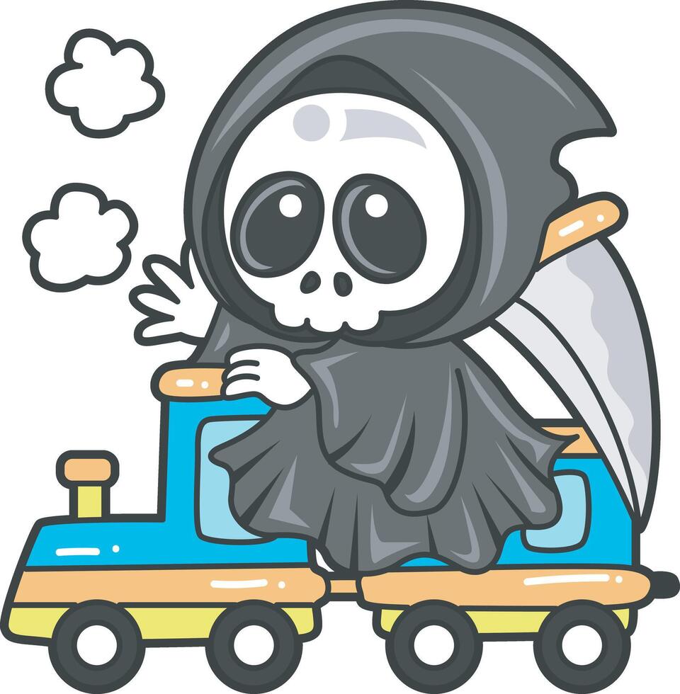 Skull riding a train. Angel of death cute elements. vector