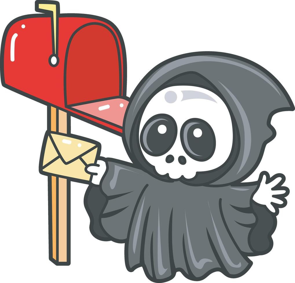 Skull sending a message by mail box. Angel of death cute elements. vector