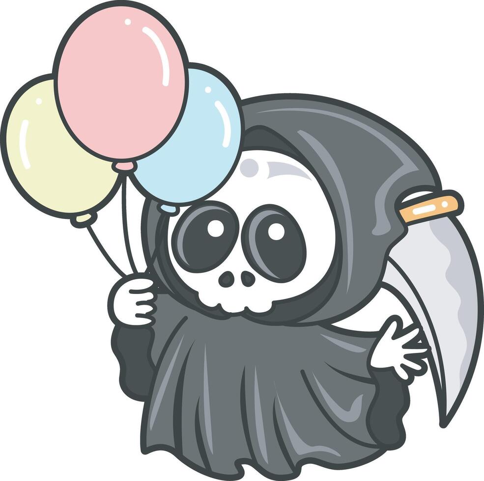 Skull bring a three of balloons. Angel of death cute elements. vector