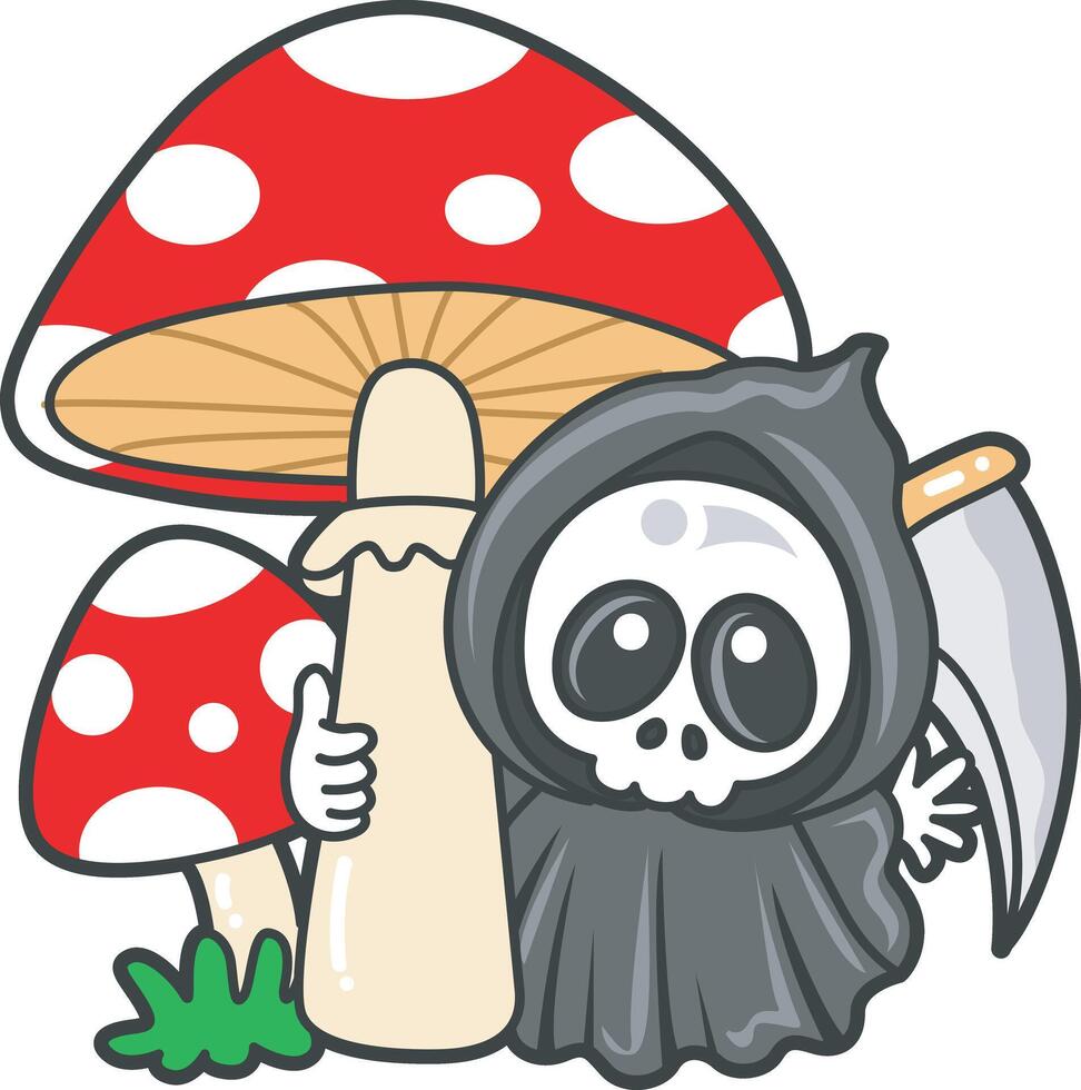 Skull bring a mushroom. Angel of death cute elements. vector