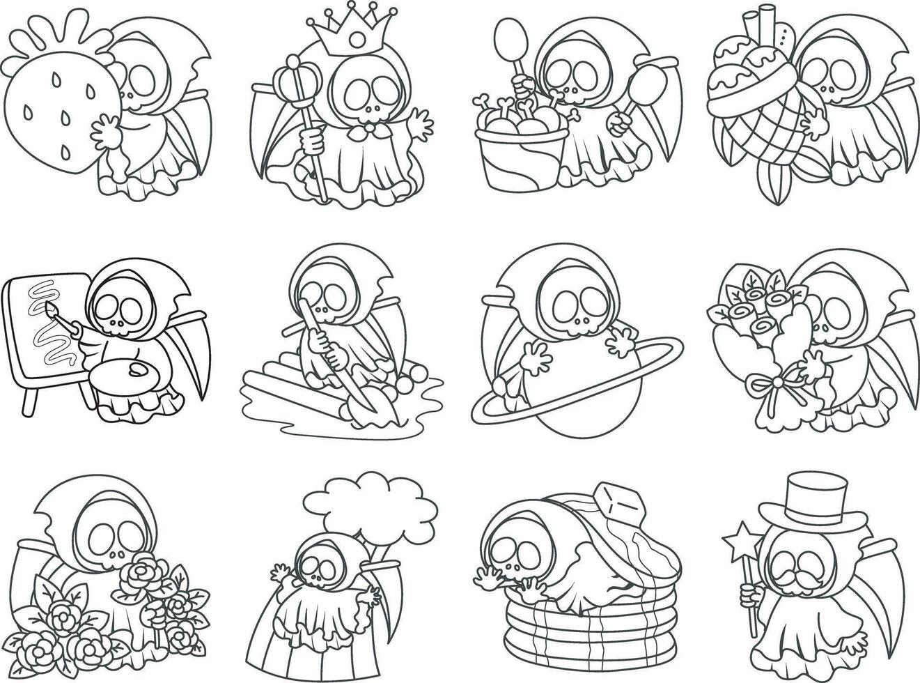 Outline of skull in the random activity daily life action. Coloring pages of cute skull. vector