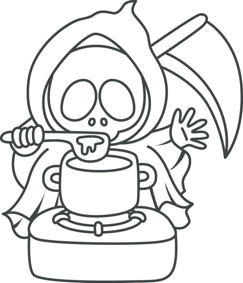 Outline of skull cooking a soup. Coloring pages of cute skull. vector