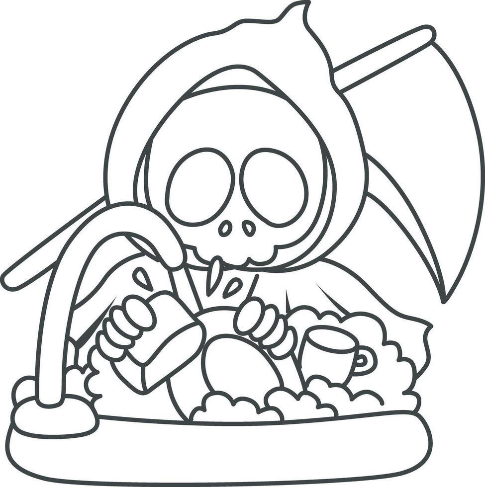 Outline of skull cleaning the plate in the sink. Coloring pages of cute skull. vector