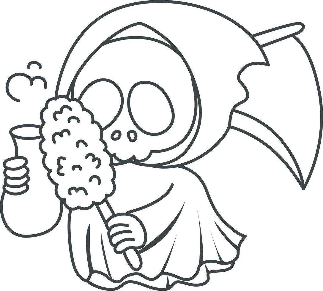 Outline of skull cleaning the vase with feather duster. Coloring pages of cute skull. vector