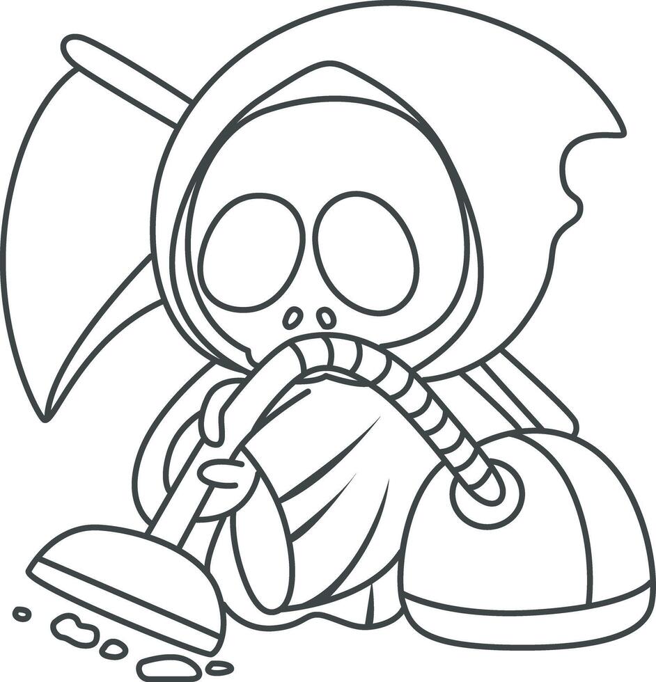 Outline of skull cleaning the floor with vacuum cleaner. Coloring pages of cute skull. vector