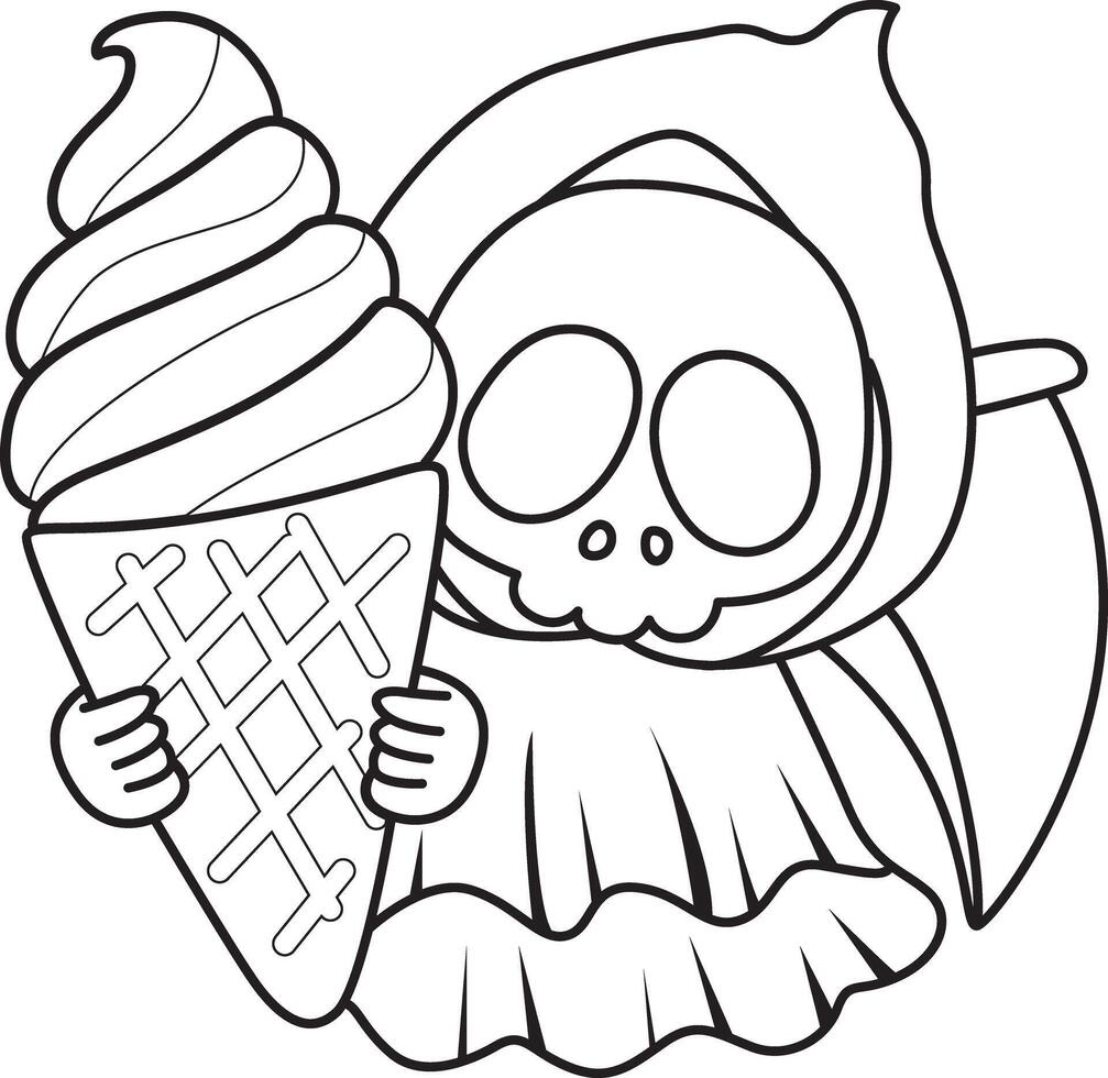 Outline of skull bring a strawberry ice cream.Coloring pages of cute skull. vector