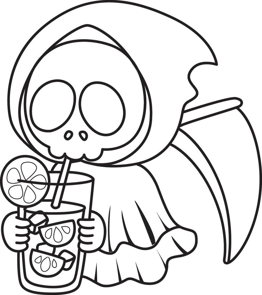Outline of skull drinking an orange juice. Coloring pages of cute skull. vector