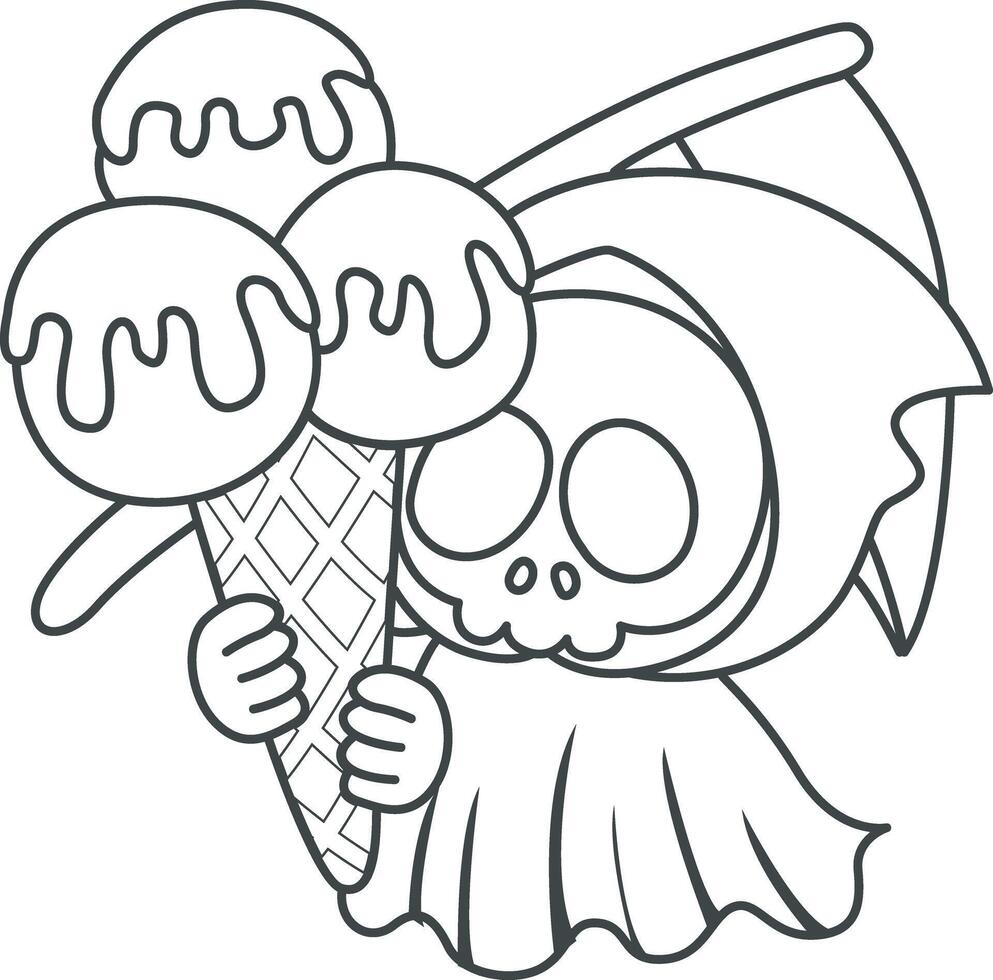 Outline of skull bring a three scoop of ice cream. Coloring pages of cute skull. vector