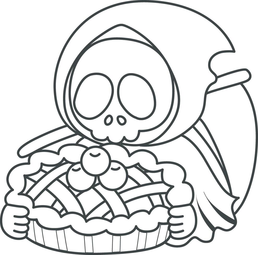 Outline of skull with pie cherry. Coloring pages of cute skull. vector
