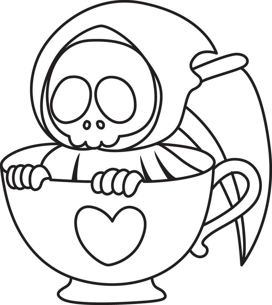 Outline of skull in the cup of tea. Coloring pages of cute skull. vector